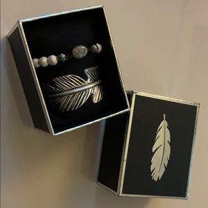 Rustic Cuff silver feather bracelet set